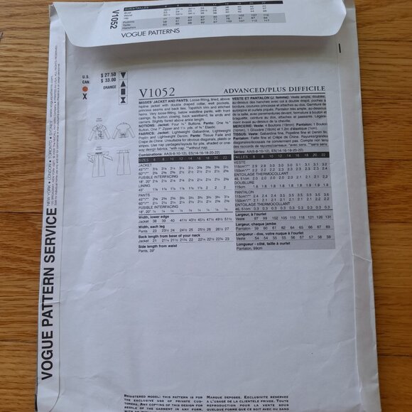 Vogue Designer Sewing Pattern Issey Miyake 1052 Size 6-12 UNCUT Jacket Pants - Picture 6 of 10